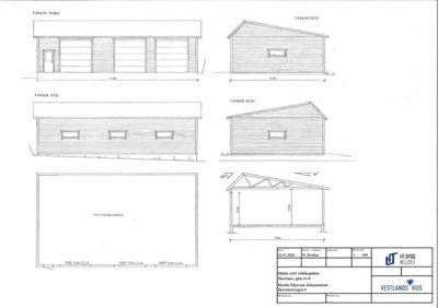 Fasadetegning som viser utsiden av et nytt redskapshus sett fra fire sider (N, S, V, A) samt et snitt.