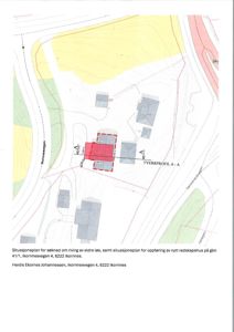 Situasjonsplan som viser tomtens beliggenhet, eksisterende og planlagt bebyggelse, samt vegnettet.