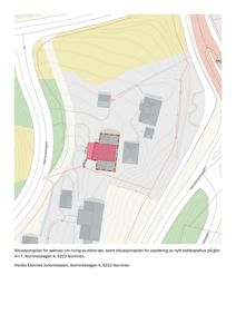 Situasjonsplan som viser tomtens beliggenhet, topografi, eksisterende og planlagt bebyggelse samt vegnett.