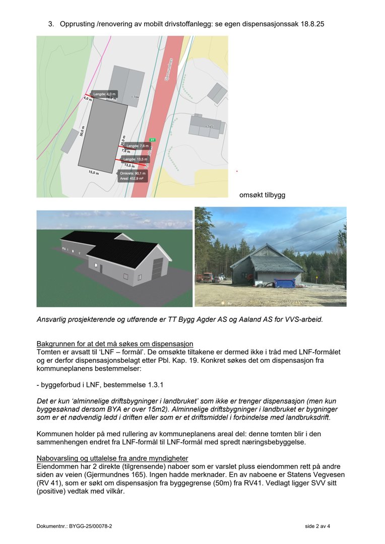 Bildet viser en samling av dokumentasjon for en byggesak. Det inneholder en situasjonsplan (øverst), en 3D-rendering av den planlagte bygningen (venstre nederst) og et fotografi av den eksisterende bygningen (høyre nederst).