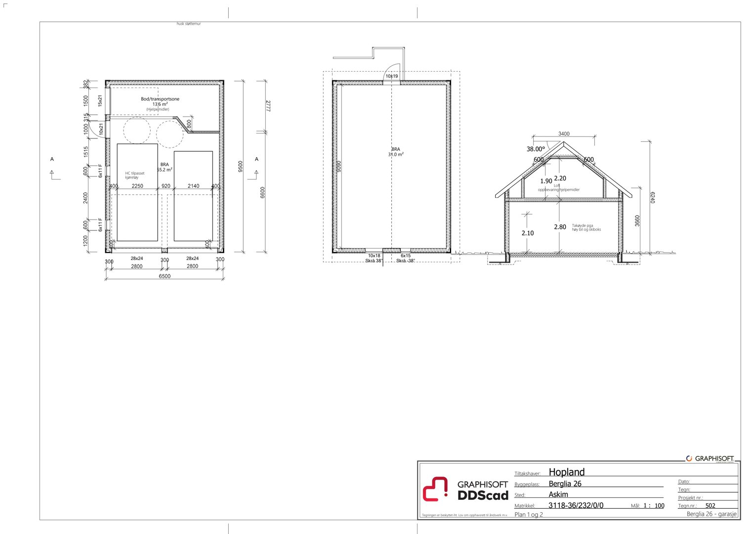 En tegning som viser etasjeplan for en garasje (Berglia 26), inkludert romfordeling, dimensjoner og en snittegning av bygningens tverrsnitt.
