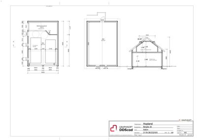 En tegning som viser etasjeplan for en garasje (Berglia 26), inkludert romfordeling, dimensjoner og en snittegning av bygningens tverrsnitt.