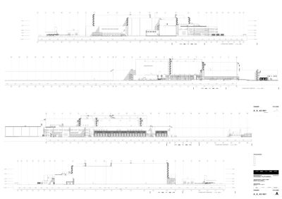 Snittegning (A-X) som viser bygningens tverrsnitt, høyder og konstruksjonsdetaljer.