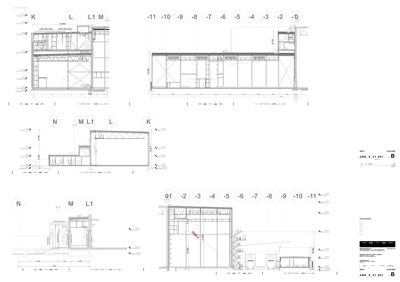 Bildet viser en samling av snittegninger (ARX_X_41.001) som illustrerer bygningens tverrsnitt, høyder og konstruksjonsdetaljer.