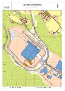 Situasjonskart som viser bygningers plassering, tomtegrenser, veier og terrengforhold i Holmestrand kommune.