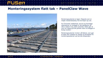 Fotografi av et flatt tak med montert solcelleanlegg og underliggende monteringskonstruksjon.