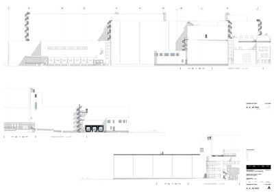 Snittegning som viser tverrsnitt gjennom bygningen, inkludert etasjer, takkonstruksjon og fasadeelementer.