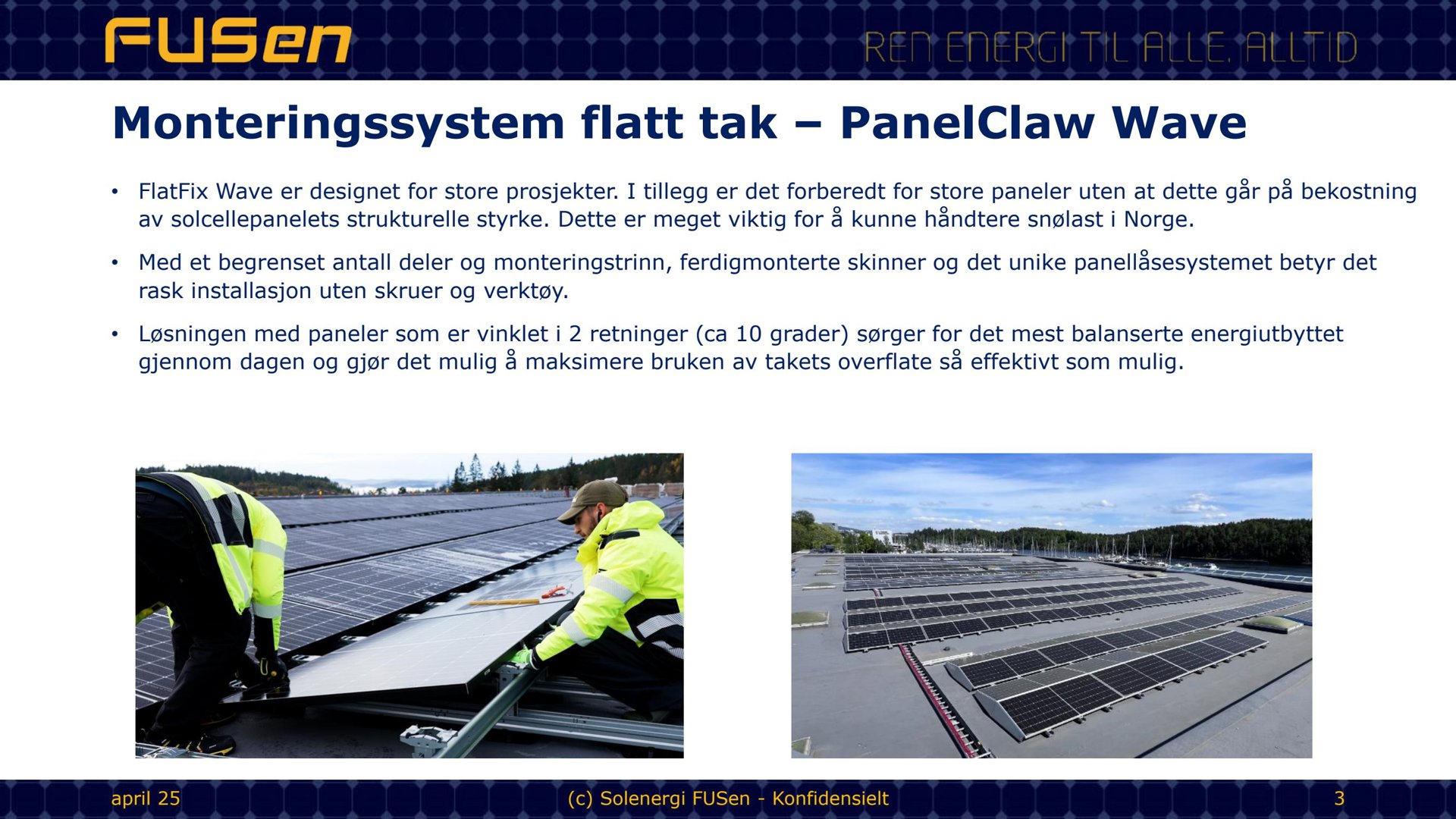 Fotografi av arbeidere som monterer solcellepaneler på et flatt tak.