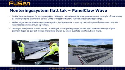 Fotografi av arbeidere som monterer solcellepaneler på et flatt tak.