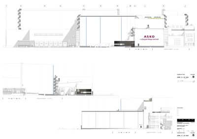 Snittegning som viser bygningens tverrsnitt, høyder, takform og innvendig oppdeling.
