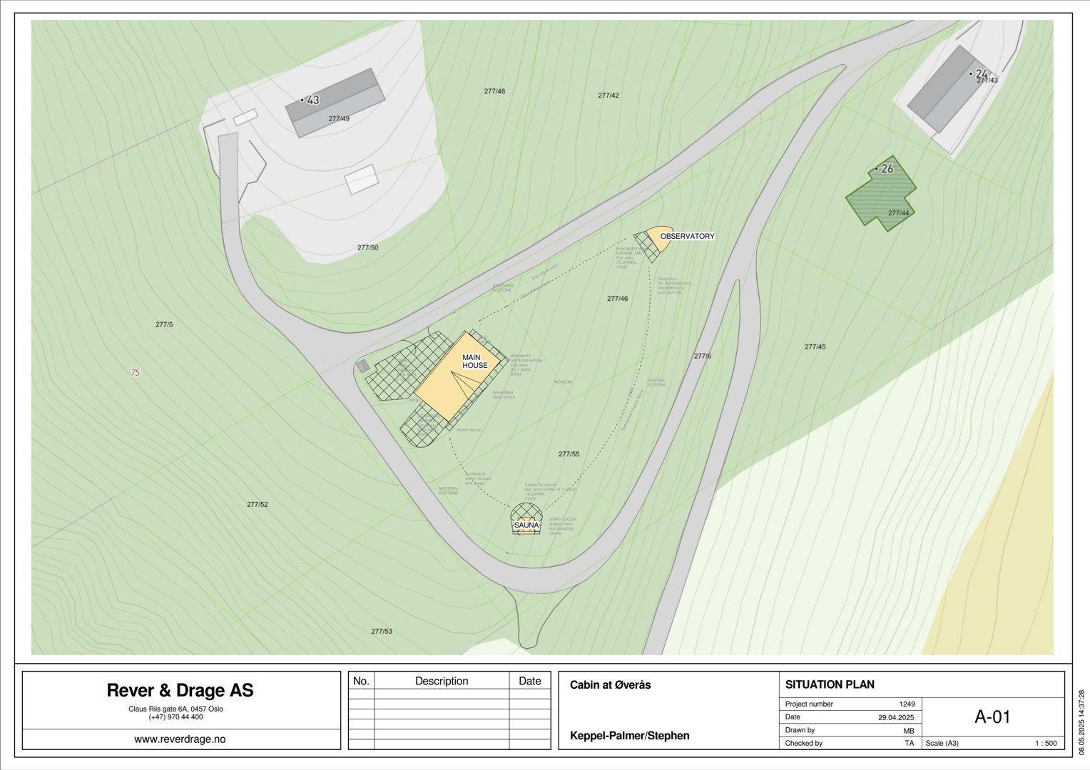 Situasjonsplan som viser tomtens terrengforhold, vegnett og plassering av bygninger (Main House, Cabin, Observatory, Valpa Museum).