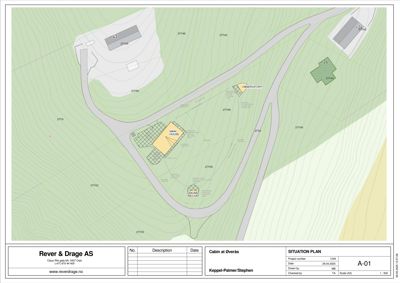 Situasjonsplan som viser tomtens terrengforhold, vegnett og plassering av bygninger (Main House, Cabin, Observatory, Valpa Museum).