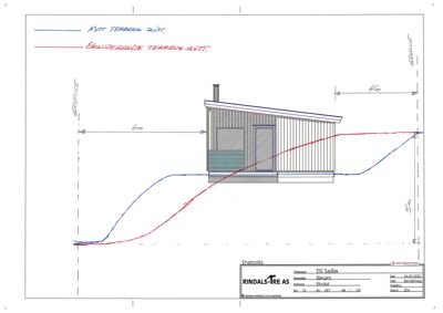 Snittegning som viser bygningens tverrsnitt, takhøyde og terrengforhold.