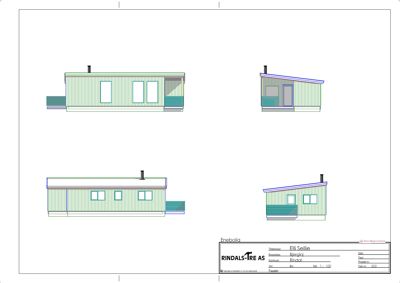 Fasadetegning som viser bygningens utsyn fra fire ulike vinkler (front, side, og to perspektiver).