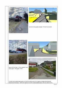 Et sammensatt bilde som viser en blanding av foton av eksisterende bygninger og terreng, samt 3D-renderinger som illustrerer planlagt utforming av veier og bygninger.