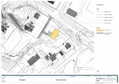 Situasjonsplan som viser tomtens beliggenhet i forhold til nabolag, vegsystem og topografi.