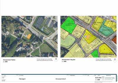 Situasjonskart med flyfoto og reguleringsplan som viser tomtens plassering i forhold til nabolag og infrastruktur.