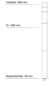 En teknisk detaljtegning som viser høydeangivelser (Totalhøyde, H1, Stoppbrickehøyde) og en vertikal del av en konstruksjon, sannsynligvis en stolpe eller søyle.