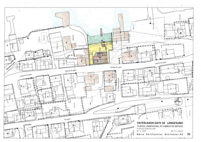 Situasjonsplan for VATERLANDS GATE 58 LANGESUND som viser tomt, bygninger og gater.