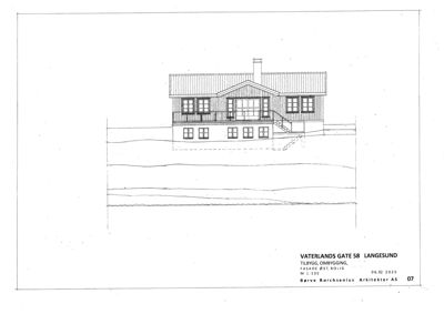 Fasadetegning (opprikk) av en bygning sett fra øst.