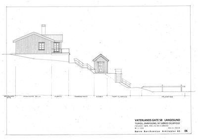 Snittegning som viser bygningens høydeprofil, trapper og forhold til terreng og vann.