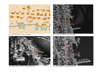 Bildet viser en samling av fire historiske kart og flyfotografier over Langesund fra perioden 1914 til 1964.