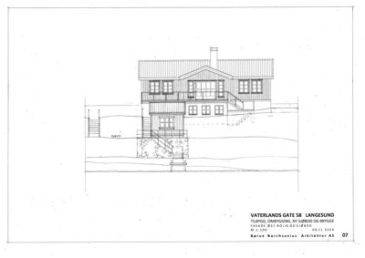 Fasadetegning (opprikk) av en bolig med trapper og en brygge.