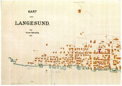 Et gammelt kart over Langesund fra 1914, som viser byens bebyggelse og kystlinje.