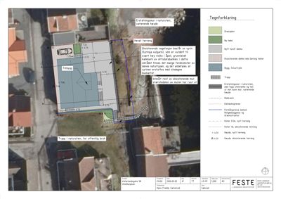 Situasjonsplan som viser eksisterende og planlagt bebyggelse, terrengforhold, vegetasjon og eiendomsgranser.