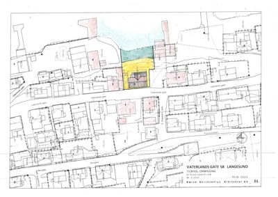 Situasjonsplan for VATERLANDS GATE 58 LANGESUND som viser tomt, nabolag og gater.