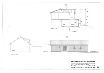 Tegning som viser fasadevest, snitt A-A og nabohus.
