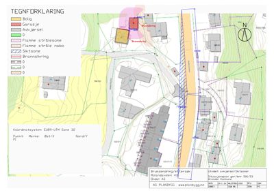 Situasjonsplan som viser tomt, bygninger og brannsikringssoner.