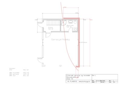 Etasjeplan (Plan 1) som viser romfordeling, arealer og dimensjoner for en garasje/hobby-etasje.