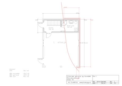 Etasjeplan for 1. etasje med romfordeling (entre, bad/vask), dimensjoner og arealoppdelinger.