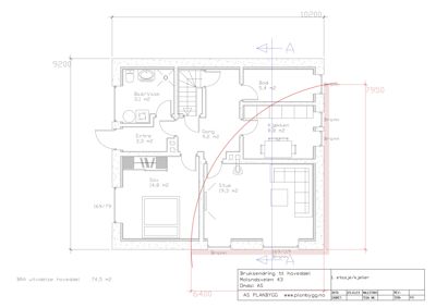 Etasjeplan (1. etasje/kjeller) som viser romfordeling, mål og utvidelse av hoveddel.