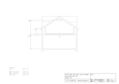 Snittegning som viser bygningens tverrsnitt, høyder (2450 mm, 950 mm, 2400 mm) og arealoppdeling (BRA hoveddel, garasje, sun).