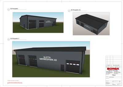Tre 3D-perspektivtegninger (renderinger) av en planlagt bygning sett fra ulike vinkler.