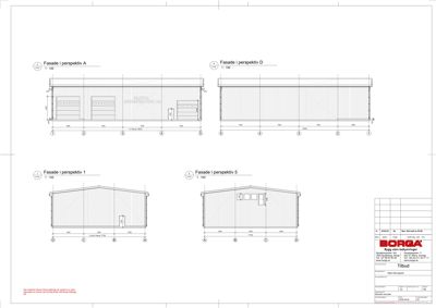 Fasadetegning som viser bygningens utseende fra fire ulike perspektiver (A, D, 1 og 5) med mål og detaljer.