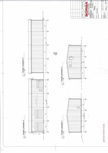 Fasadetegning som viser oppriss av bygningens sider (perspektiv A, D, 1 og 5) med mål og detaljer.