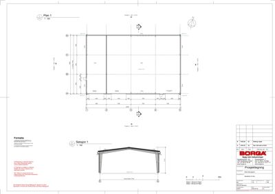 Bildet viser en tegning med både etasjeplan (Plan 1) og et snitt (Seksjon 1) for en bygning. Det er også inkludert en situasjonsplan (Plan 2) og en fasade (Fasade 1).
