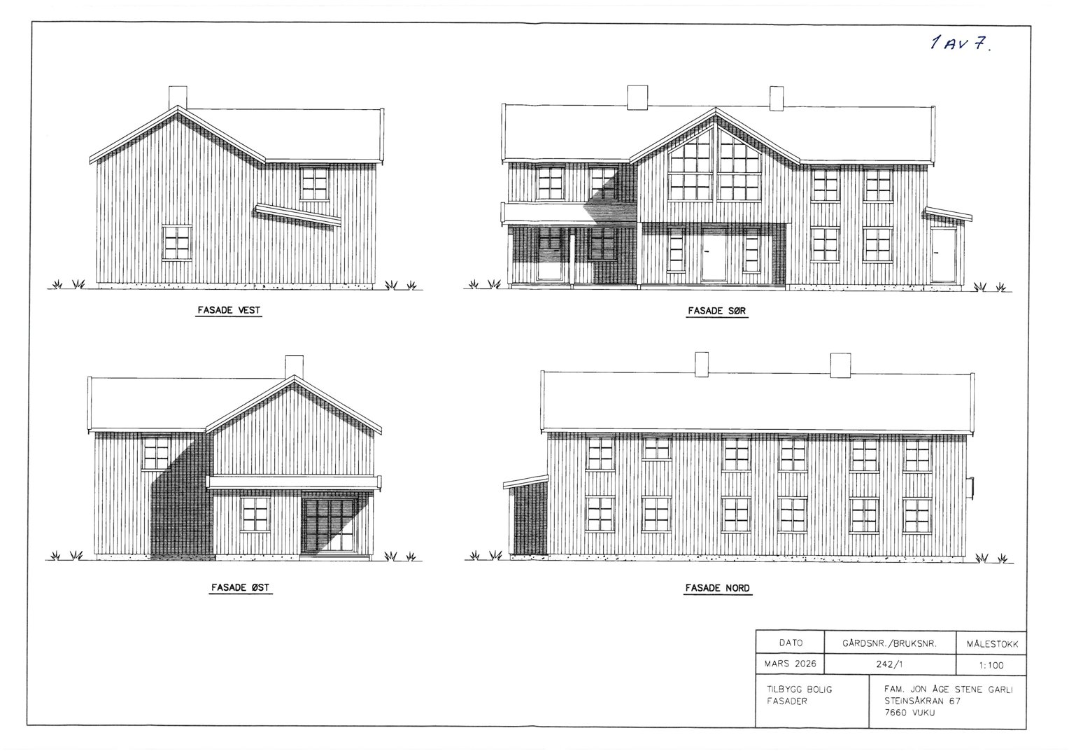 Fasadetegninger som viser oppriss av bygningens fire sider (vest, sør, øst og nord).