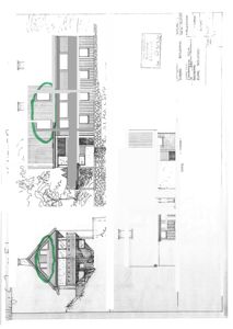 Fasadetegning som viser front- og sidevegg av en bygning med vinduer og takform.