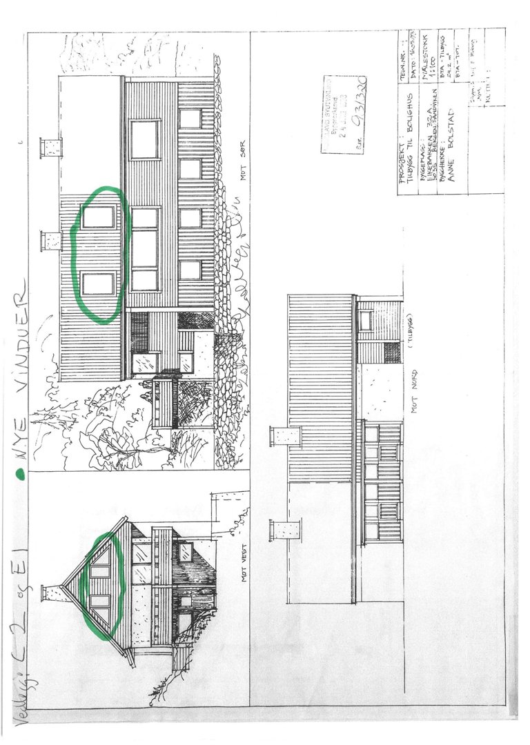 Fasadetegning som viser front- og sidevegg av en bygning med vinduer og takform.