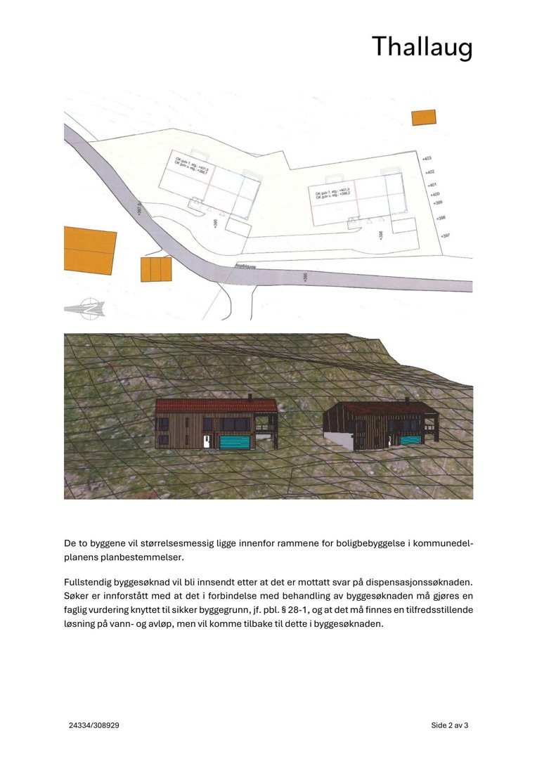 Bildet viser en 3D-visualisering (rendering) av to planlagte bygninger på et terreng, med en situasjonsplan over i toppen.