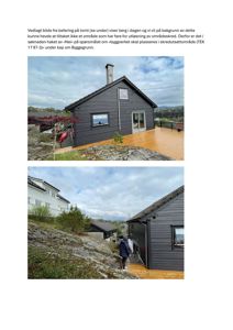 Fotografier av en mørk hytte på en steinete tomt med utsikt over et område. Bildene viser bygningens fasade, terrassen og omgivelsene.