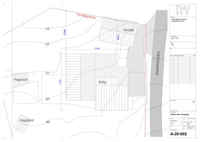 Situasjonsplan som viser tomtens form, tomtegrenser (konturlinjer), plassering av eksisterende og planlagt bebyggelse (bolig, garasje, hageboder) samt nabovur (Knappenveien).