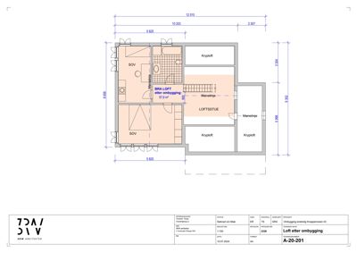 Etasjeplan (loftsplan) som viser romfordeling, dimensjoner og plassering av trapp etter ombygging.