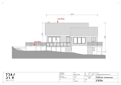 Fasadetegning (opprikk) av en eksisterende bygning med mål og koter.