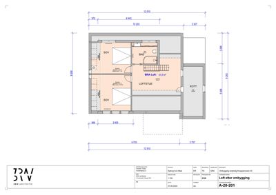 Etasjeplan (loft) som viser romfordeling, mål og areal for en ombygging.