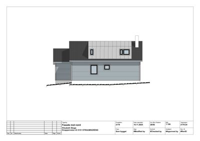 Fasadetegning (opprikk) av en bygning sett fra nord.